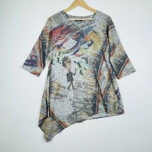 Inoah Womens Small Shirt Sweater‎ Grey Newspaper Prince Whimsy Artsy Bold Boho